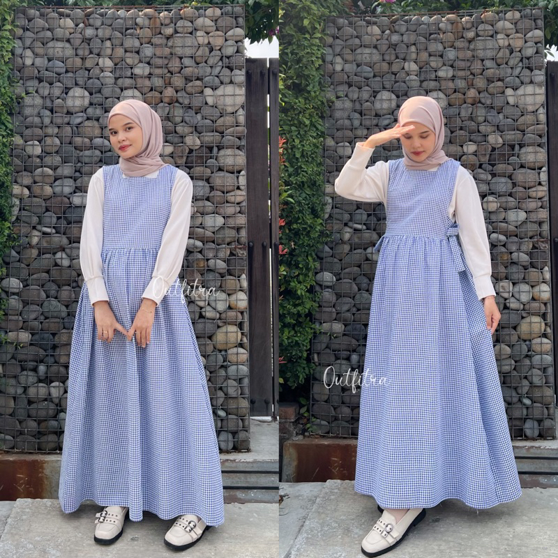 NUNA OVERALL DRESS | gamis kotak rompi korea long dress