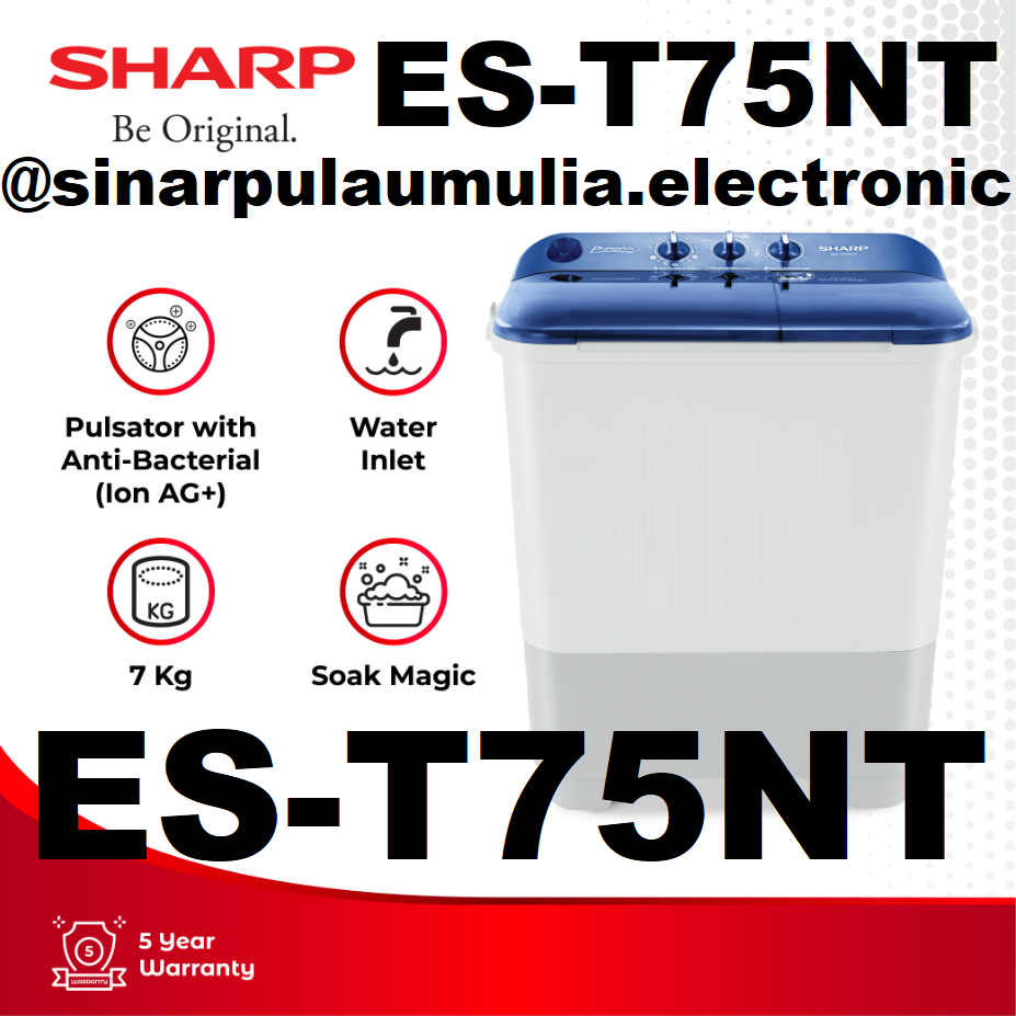 Sharp Mesin Cuci 2 Tabung Manual 7 KG - ES-T75NT / ES T 75 NT  EST 75NT ES T EST75 EST75NT ES T75 T7