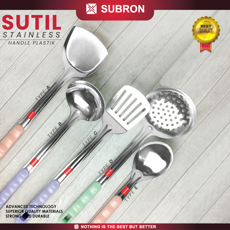 SUBRON Sutil Spatula Centong Sendok Nasi Lubang Non Lubang Stainless Pegangan Plastik Warna Pastel