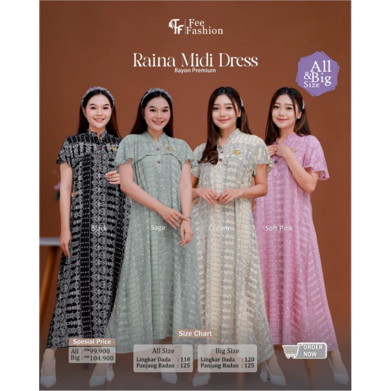 FEE FASHION ✓ RAINA MIDI DRESS ORI BAHAN RAYON TWILL PREMIUM BISA COD ✔️