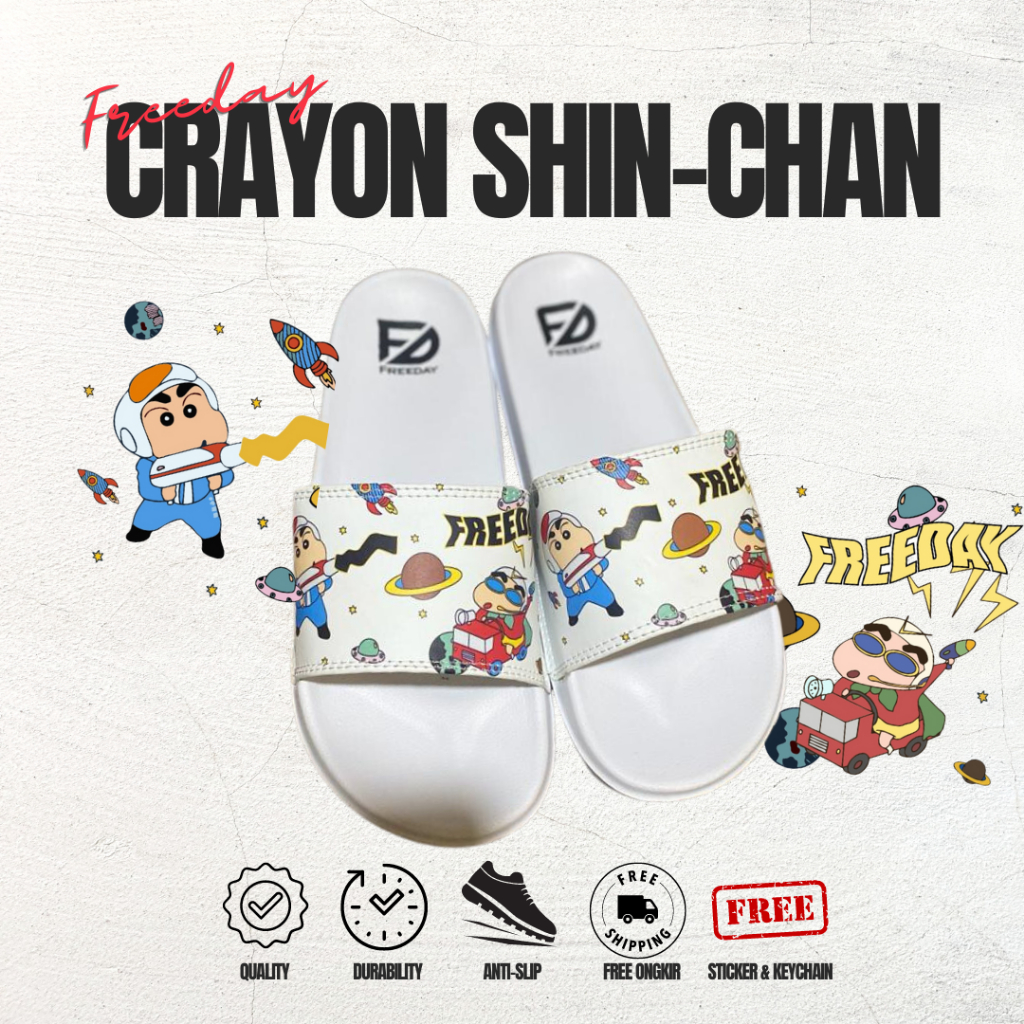 FREEDAY SLIDES CRAYON SHINCHAN WHITE SANDAL SELOP DISTRO MURAH