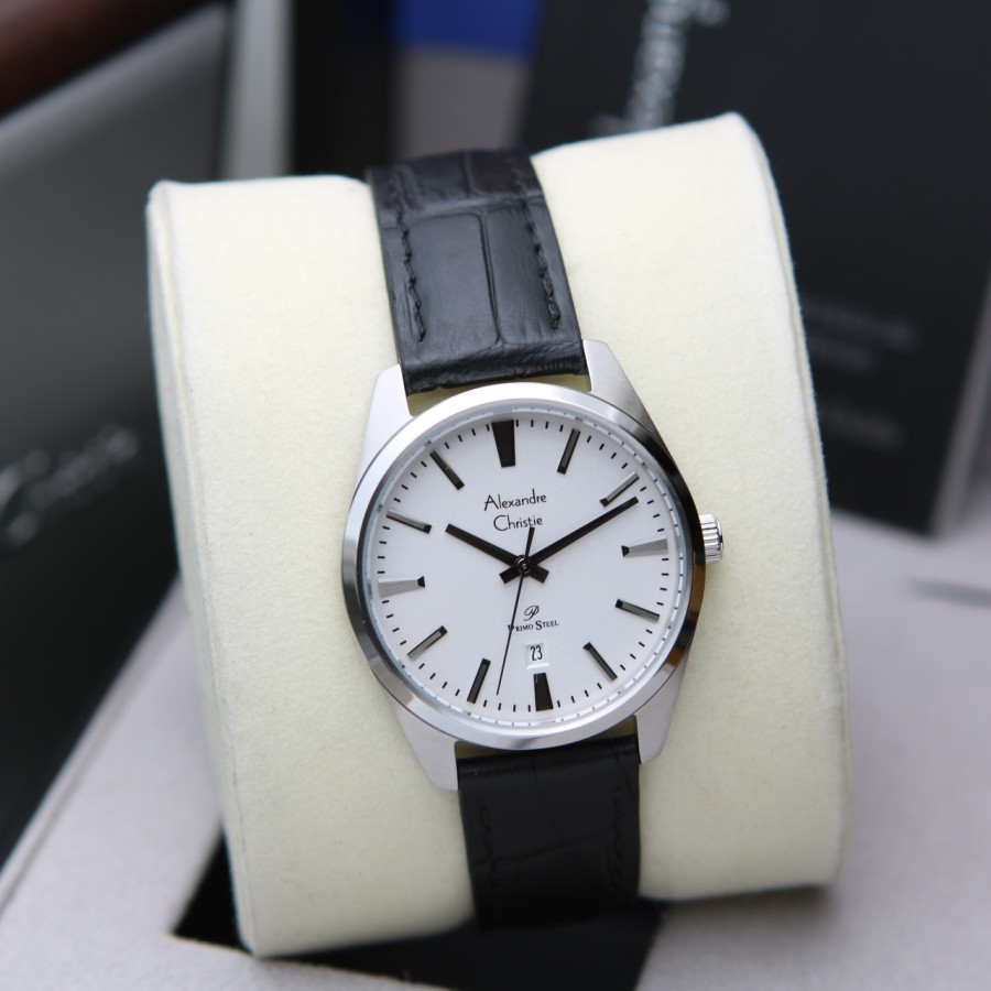 JAM TANGAN WANITA ALEXANDRE CHRISTIE AC 1035 SILVER BLACK KULIT. ORI