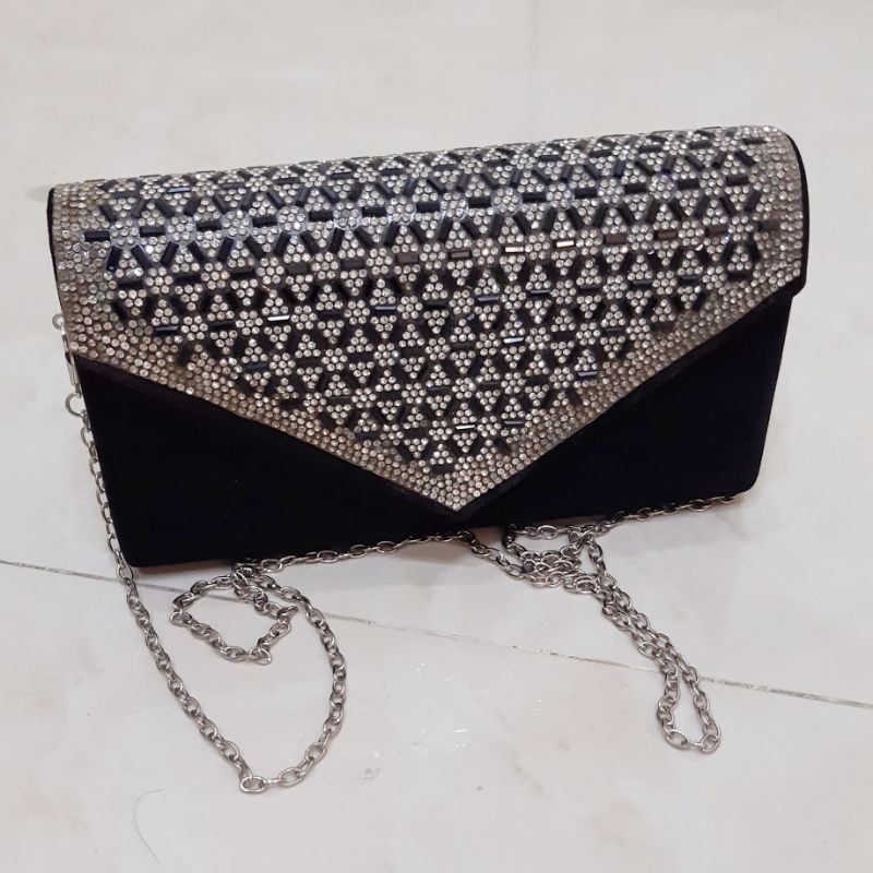 TAS PESTA WANITA clutch HITAM VELVET KRISTAL