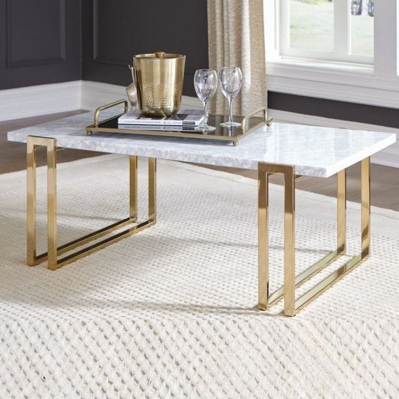meja tamu stainless gold top marmer