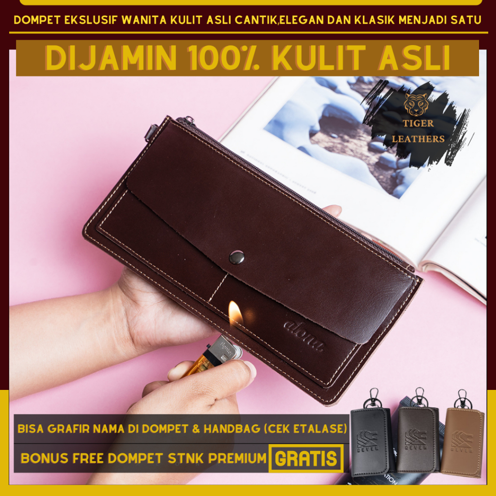 Tigerleathers - Dompet Wanita Panjang Kulit Asli Kartu Tipis Simple Elegan