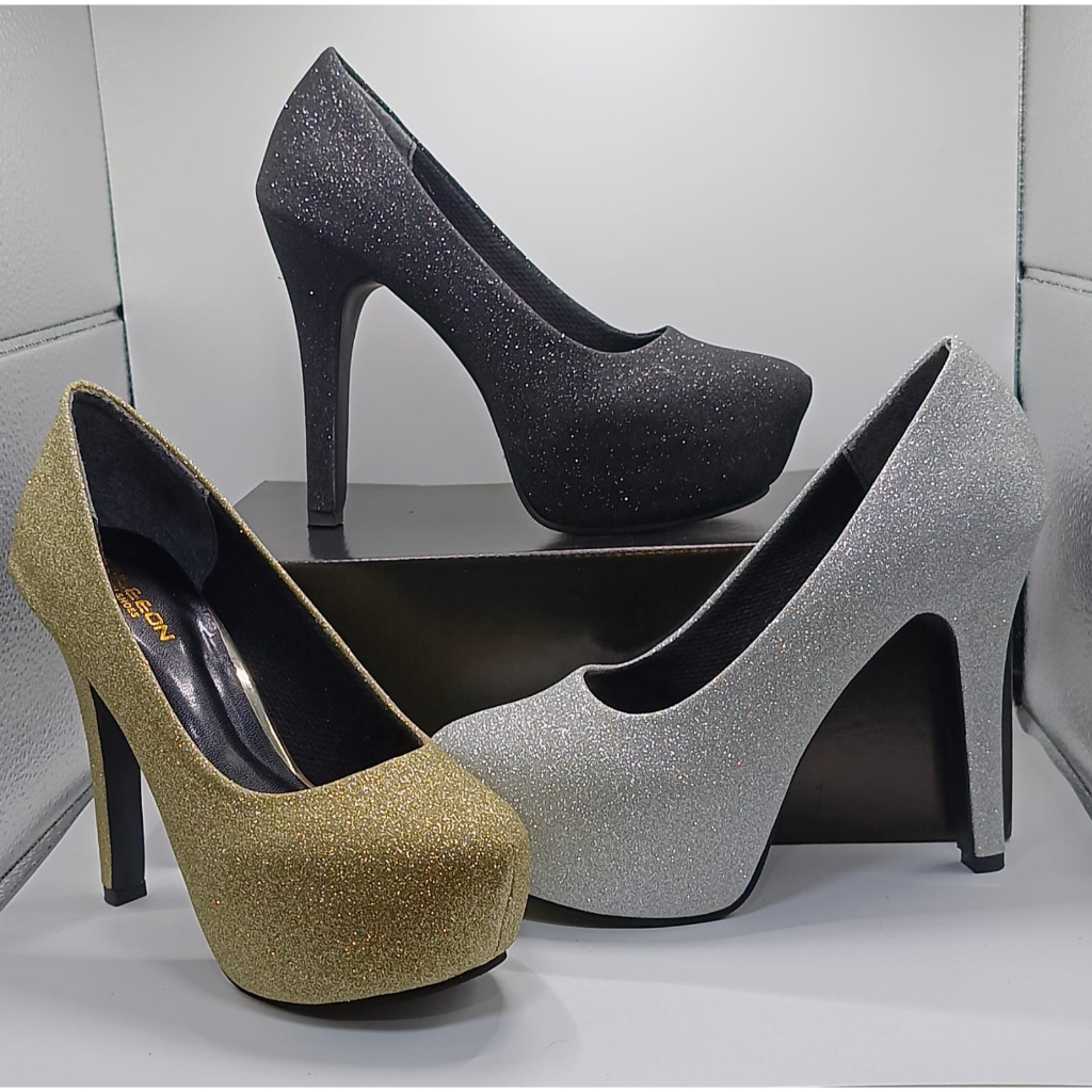 SESEPATU PANTOFEL WANITA HEEL TINGGI 12cm BAHAN GLISTER PREMIUM