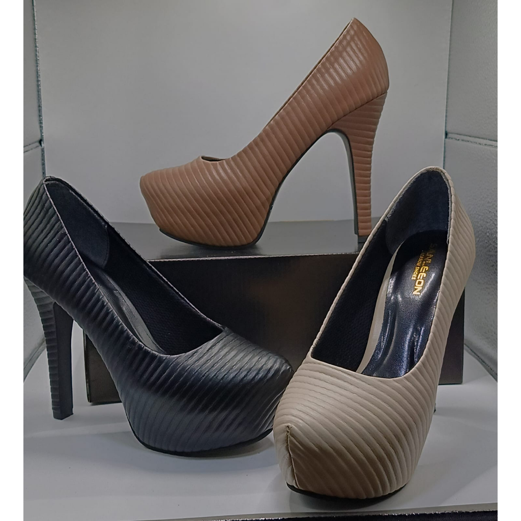 SEPATU PANTOFEL WANITA TINGGI 12CM BAHAN GLOSY MOTIF GARIS TERBARU HARGA MURAH