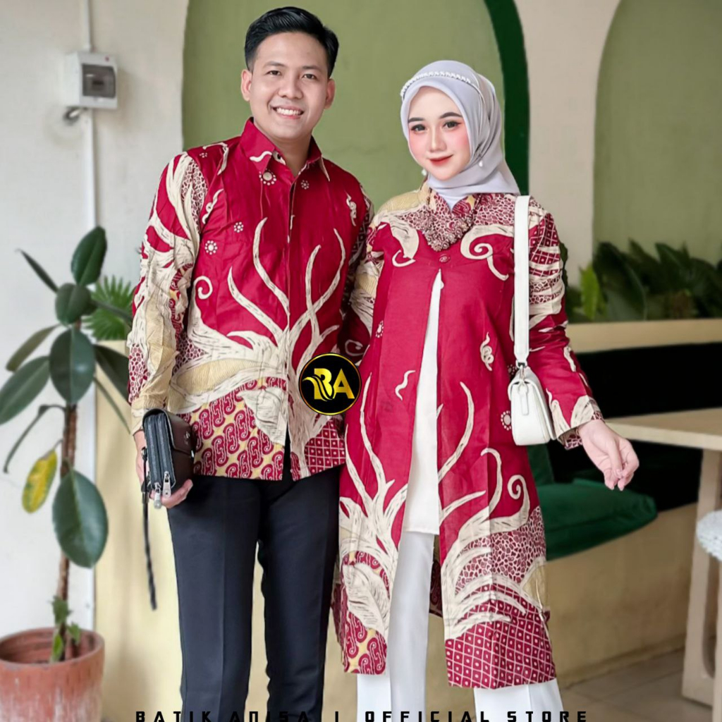 Baju Batik Original Tunik Kemeja Couple Sarimbit Lengan Panjang Motif Ranting Merah Katun  M-XXXL Ju