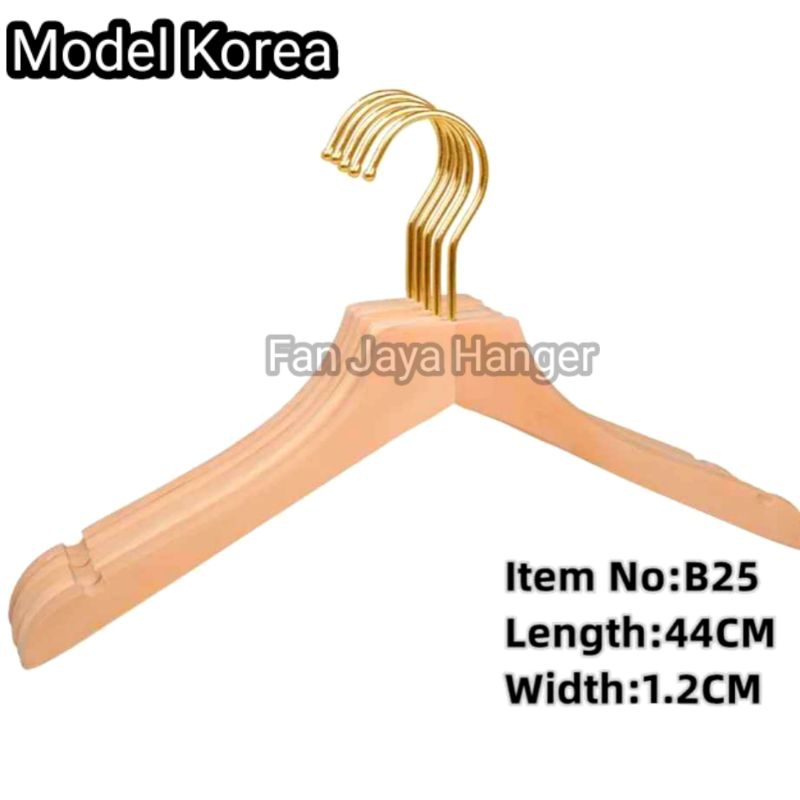 Hanger Kayu Natural Dewasa Model Korea Kawat Gold ( 1 Lusin )