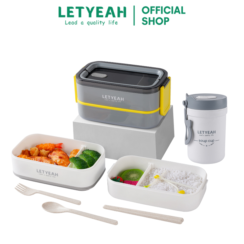 	 LetYeah Kotak Makan Set 1600ml Double layer Lunch Box Set dan Mangkuk sup Anti Tumpah 330ml	