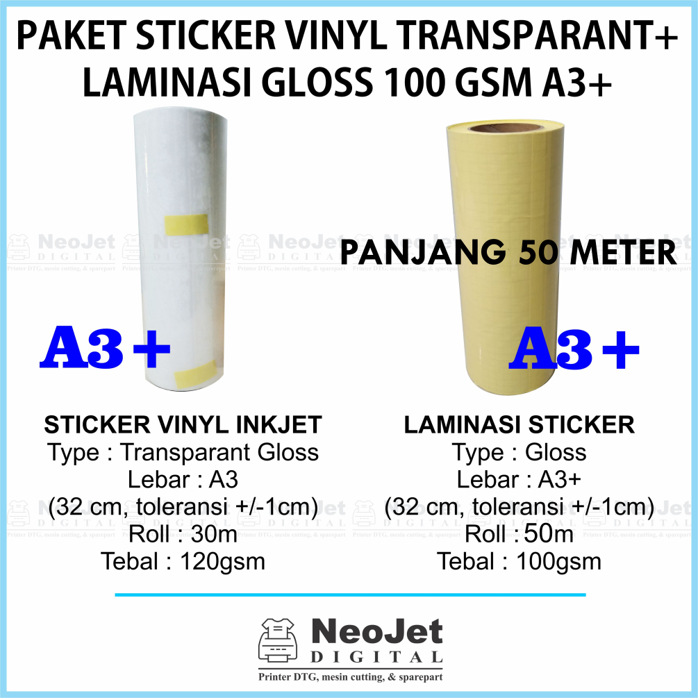 

Paket Sticker Stiker Vinyl Inkjet Transparan Laminasi 100gsm Glossy A3+ Tinta DYE Pigment Art Paper