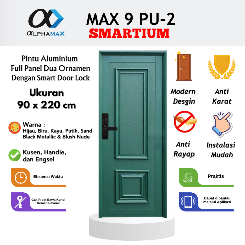 Pintu Aluminium Pintu Rumah Pintu Depan Pintu Utama Pintu Kamar Full Panel 2 Ornamen dengan Smart Do