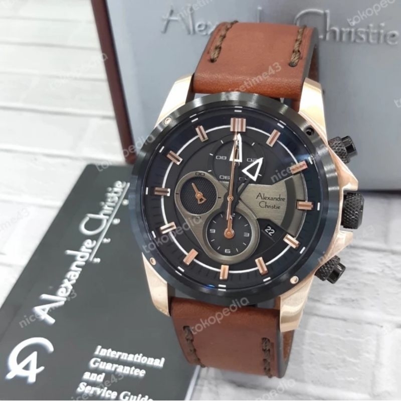 jam tangan pria original ALEXANDRE CHRISTIE AC6593MC LEATHER STRAP