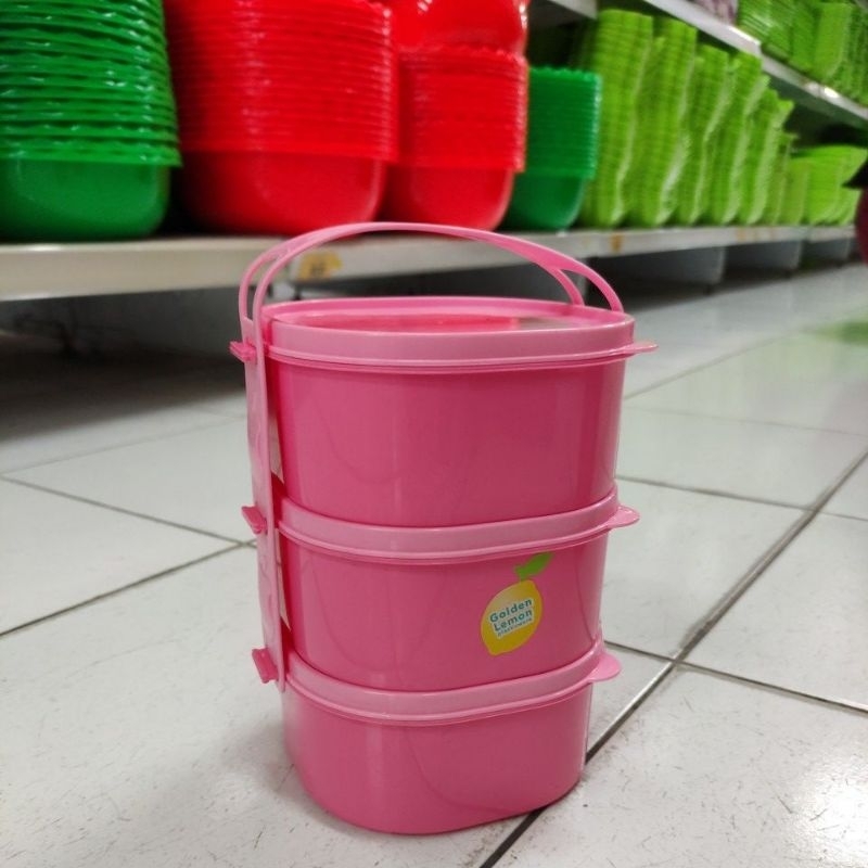 hot deals golden lemon rantang piknik anak susun 3 & 4 pink - rantang plastik
