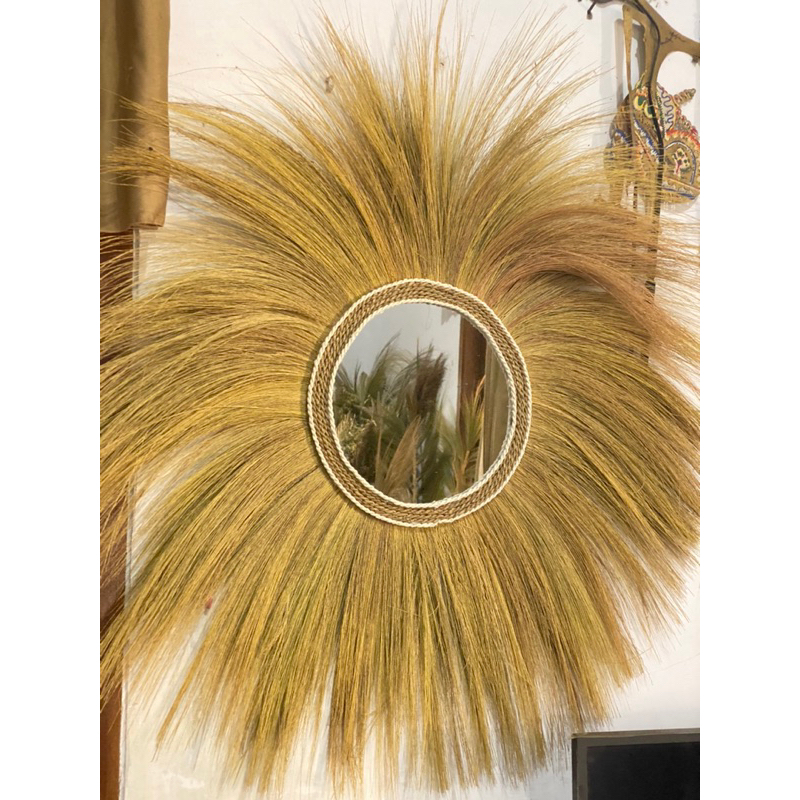 Wall Decor Rayung Bulat dengan Cermin Home Decor Cermin