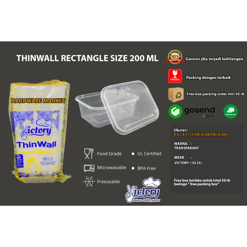 Kotak makan / Wadah  plastikThinwall  Victory RECTANGLE 200 ml 250 ml 300 ml
