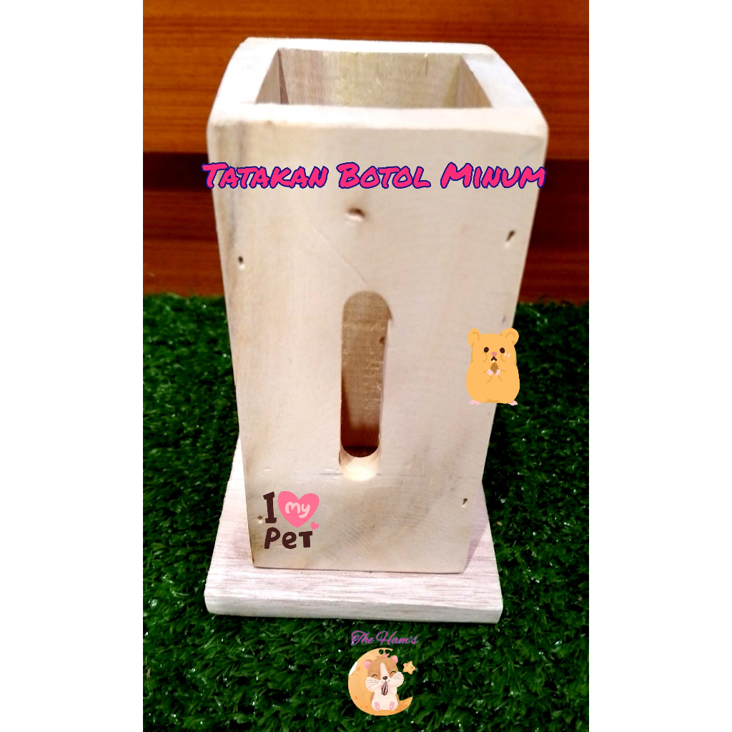 (The Ham's) Tatakan Botol Air Minum dispenser kayu Hamster, aksesoris hewan peliharaan