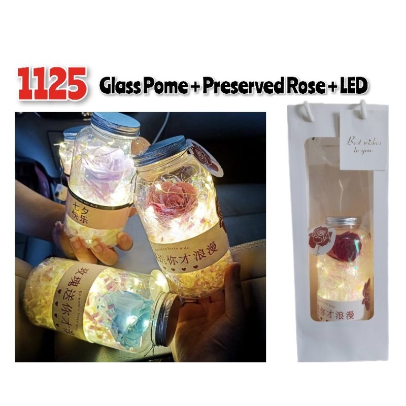 Glass Dome + Rose Preserved + Lampu LED