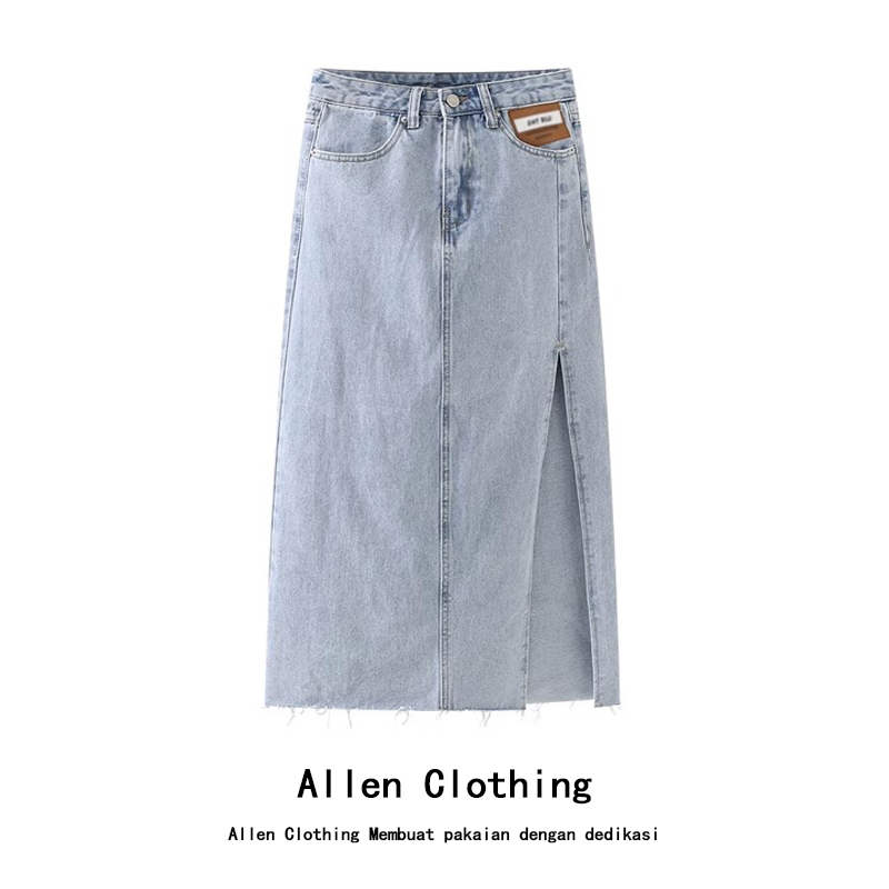 Allen Clothing Rok denim A-line pinggang tinggi wanita gaya Korea