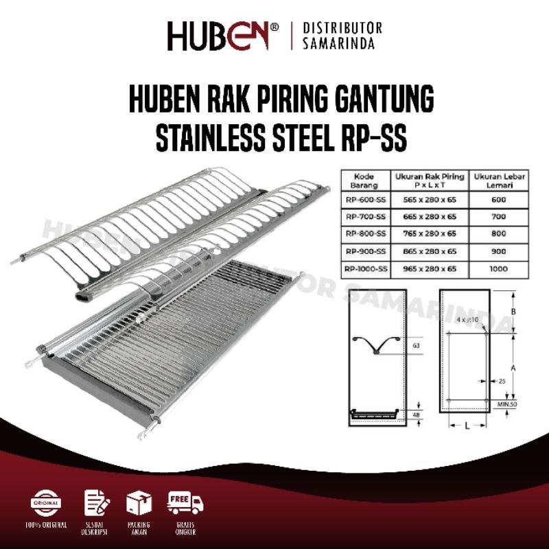 60CM HUBEN Rak Piring Gelas Stainless Steel Dalam Lemari Kabinet - (60 CM)  Unit Atas Dapur Dish Rac