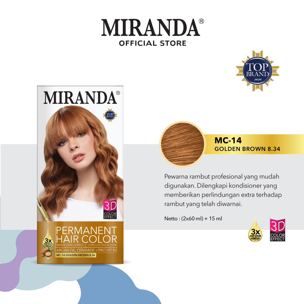 Miranda Hair Color Premium (Cat Rambut Permanen) MC14 Golden Brown 60ml | Semir Halal Warna Coklat M