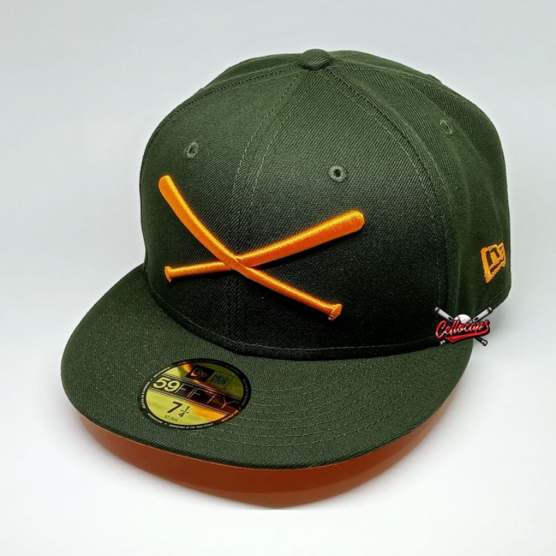 TOPI ORIGINAL NEW ERA x JUSTFITTED CROSSED BATS OLIVE GREEN ORANGE UV