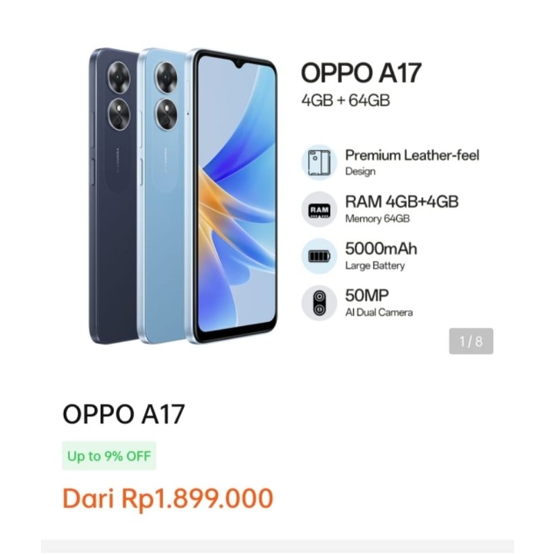OPPO A17 (Ram 4+4/64GB) Garansi Resmi Oppo
