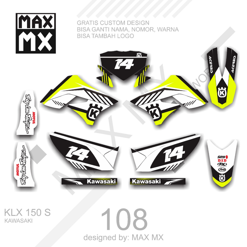 Stiker sticker decal motor klx 150 s Motif keren putih hitam list kuning