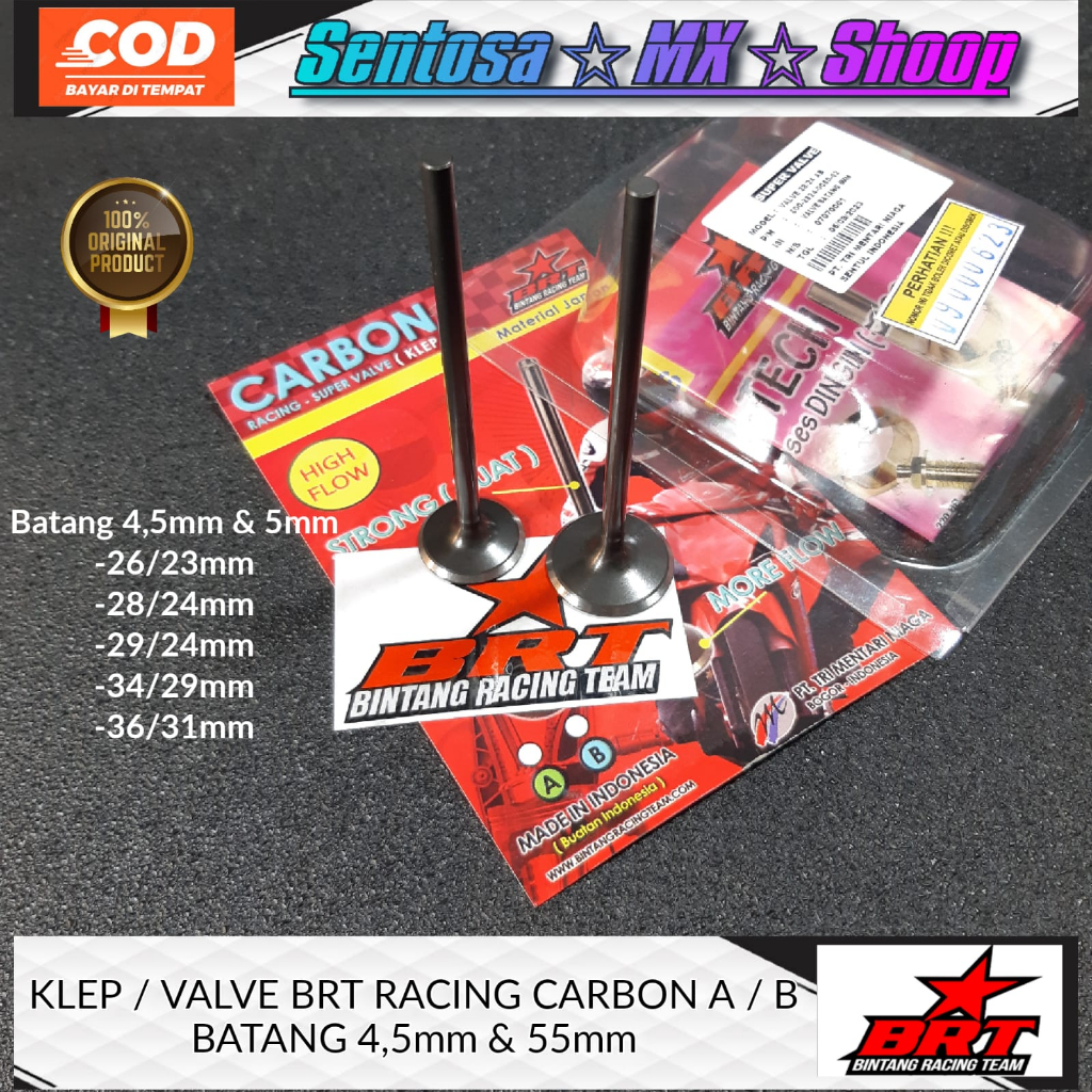 [ BRT ORIGINAL ] VALVE KLEP BRT IN & EX CARBON BATANG 4.5mm & 5mm UKURAN 26/23 28/24 29/24 34/29
