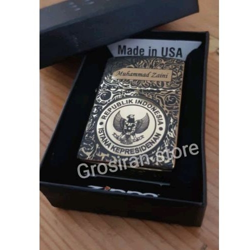 Zippo gold istana presiden batik custom logo nama grafir laser kado souvenir