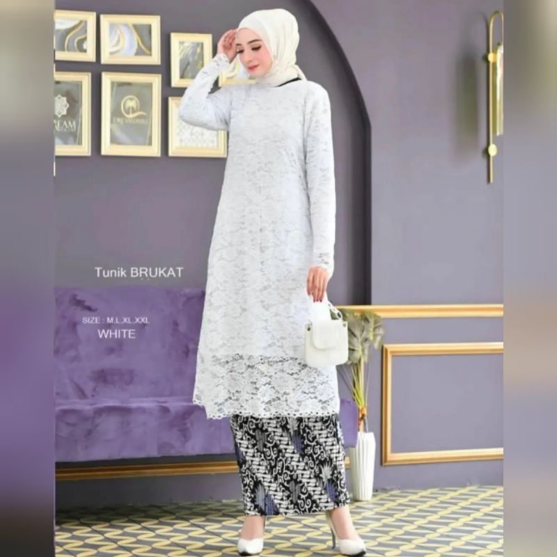 KEBAYA TUNIK BRUKAT WARNA PUTIH SET KEBAYA TUNIK MODEREN/KEBAYA TUNIK BLUES/KEBAYA TUNIK JUMBO/KEBAY