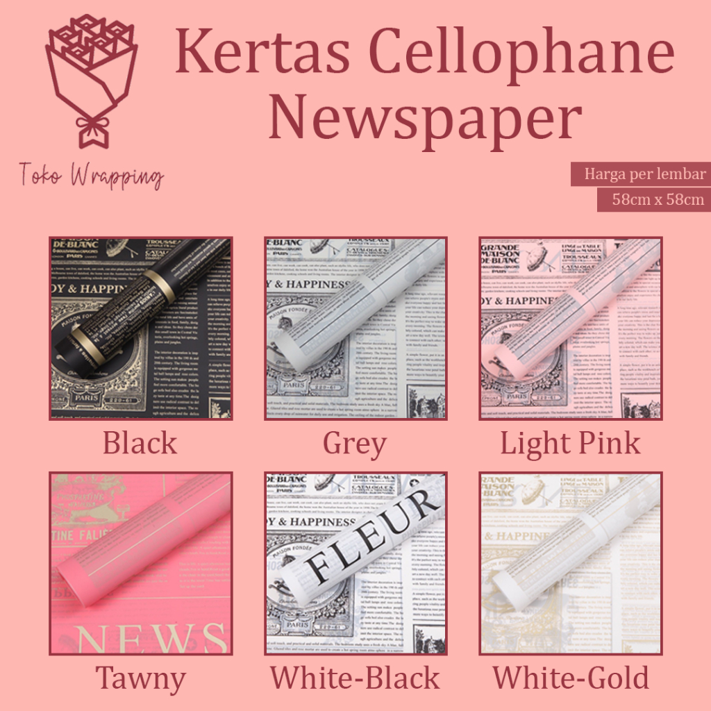 

Kertas Cellophane Buket Bunga (Newspaper / Koran) Flower Wrapping Paper Celophane / Chellophane Murah untuk Snack Uang