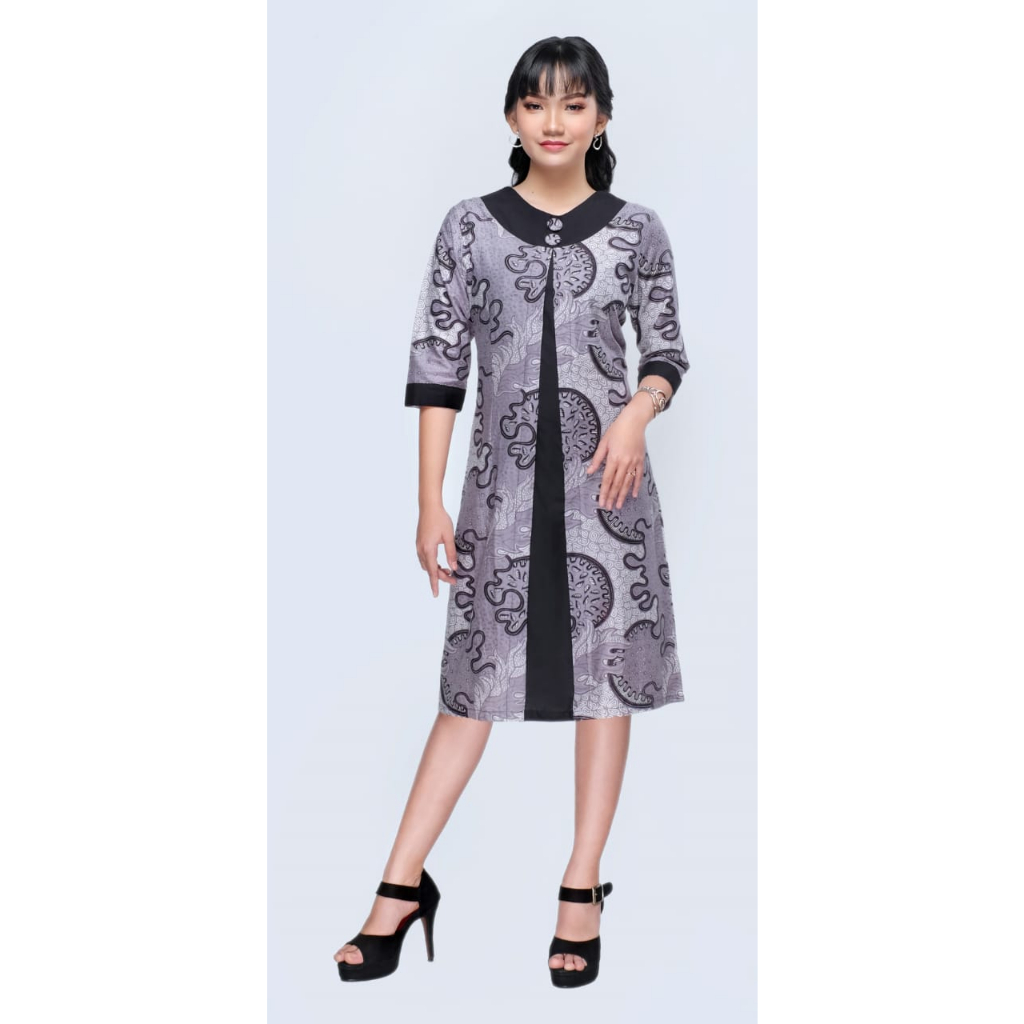 Dress Batik Wanita Modern Seragam Kerja 3231 Putih Hitam M - 5L XXXXL Jumbo
