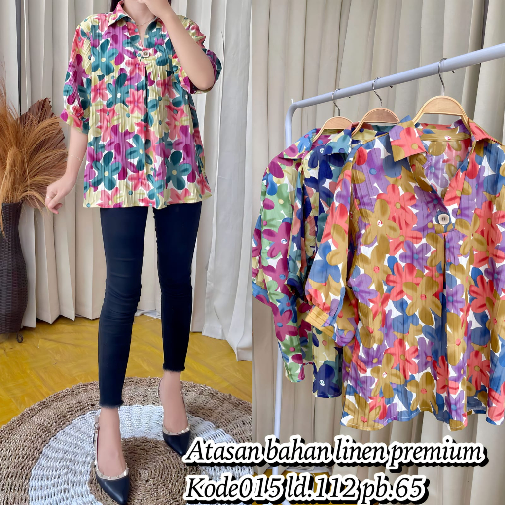 blouse wanita import linen premium 015 xl xxl 3xl 54-nn kemeja wanita import bunga