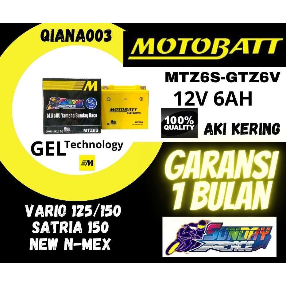 Aki Motor Honda Vario 125/150, Vario 125 Led, Nmax 155, Satria Fu GTZ6V/GTZ7S GS Aki Kering MF