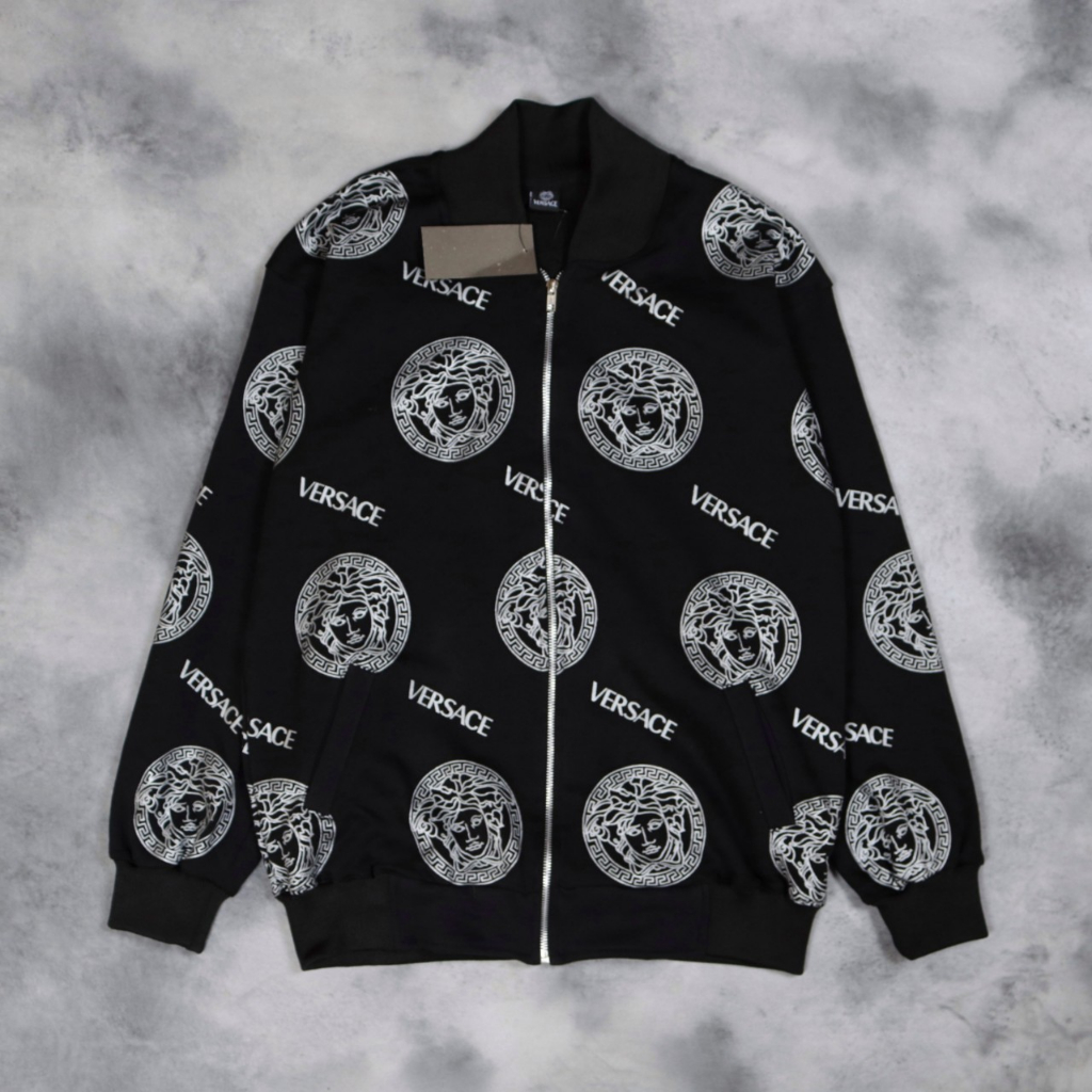SWEATER CREWNECK JAKET ZIPPER VERSACE LOGO BIG HITAM DAN PUTIH PREMIUM QUALITY