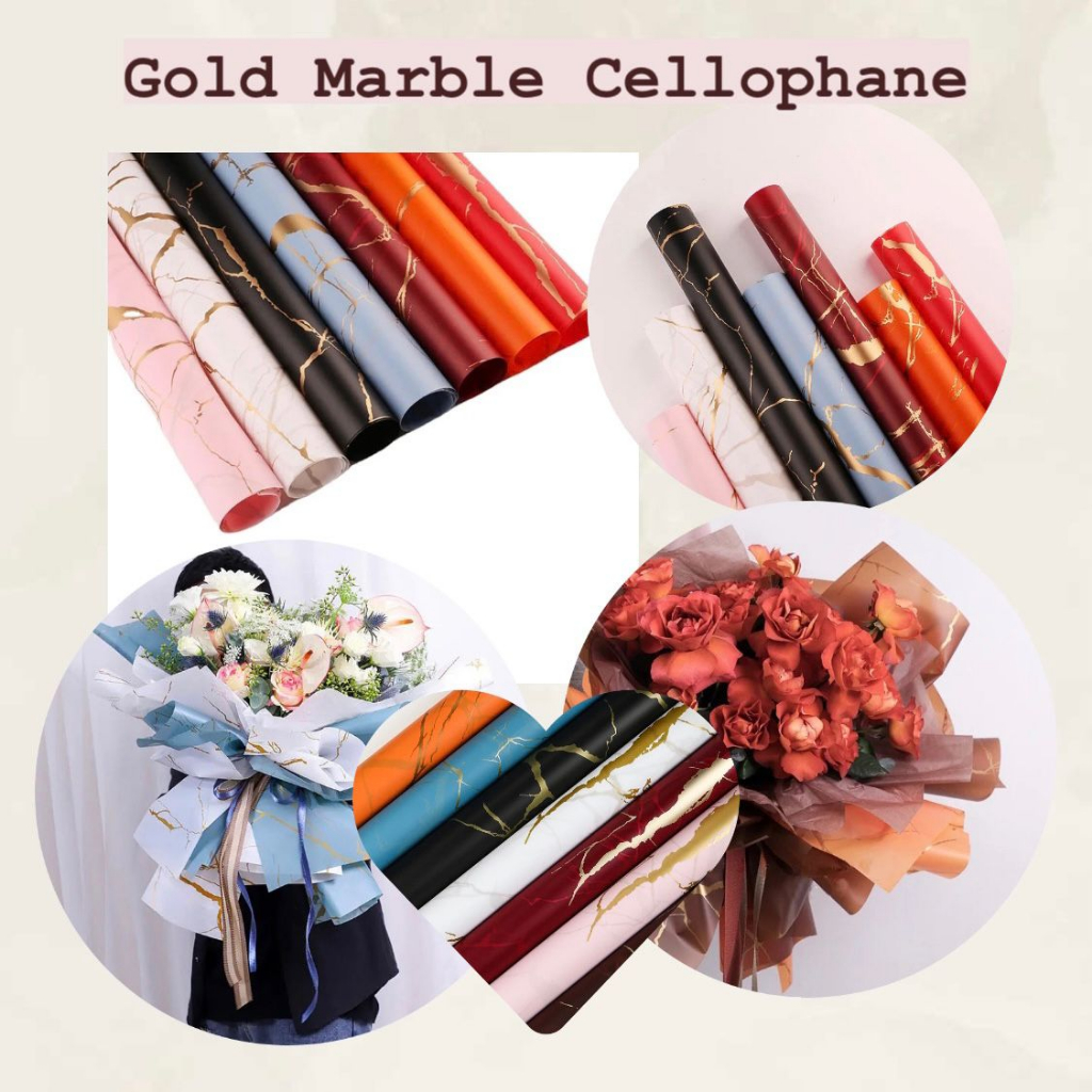 

(KF 13) - (20 LEMBAR) Kertas Bunga Cellophane Gold Marble Motif Korean Flower Wrapping Kertas Buket Waterproof Buket Bunga