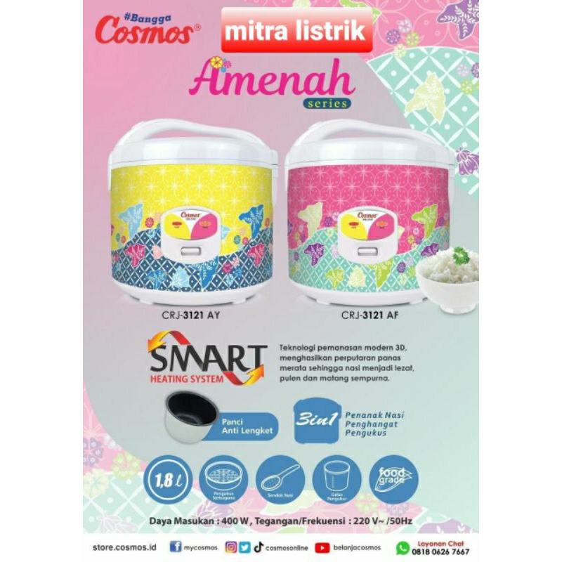 Cosmos Magicom Rice Cooker/Rice cooker cosmos/Penanak nasi cosmos  1.8 Liter 3in1 CRJ 3121 AY warna 