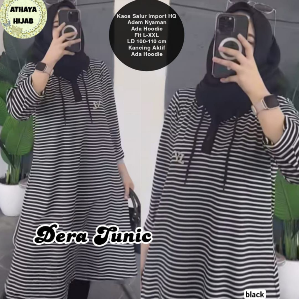 Dera Tunik Hoodie Jumbo Wanita Terbaru Motif Garis Hitam Putih LD110 By Athaya Hijab