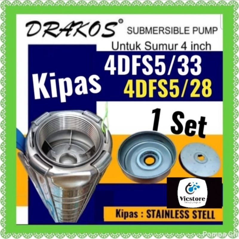 Rumah kipas + kipas stainless Drakos 4spm5-28/33 submersible 4dfs5-28 4hp sibel 3phase 4dfs5-33