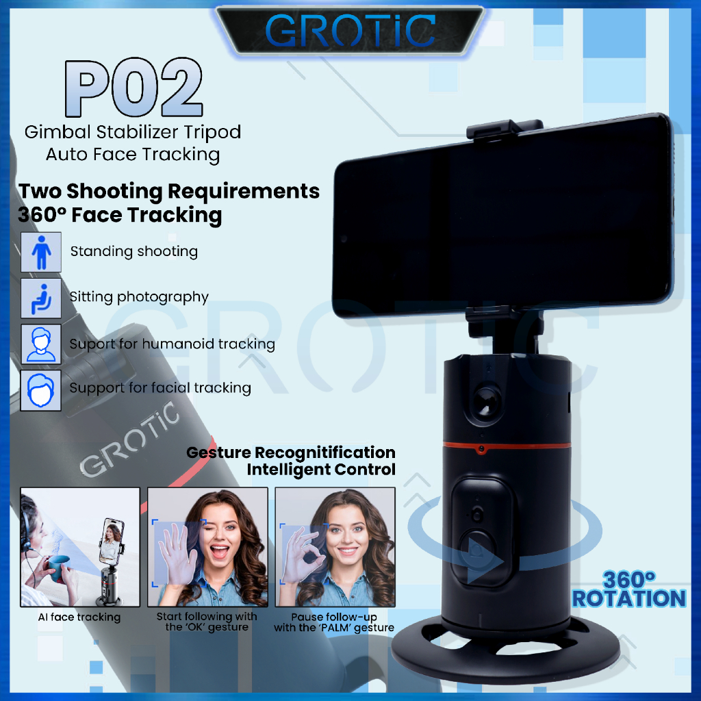 GROTIC Gimbal Stabilizer Handphone Auto Face Tracking Camera 360° Gesture Control P02-2