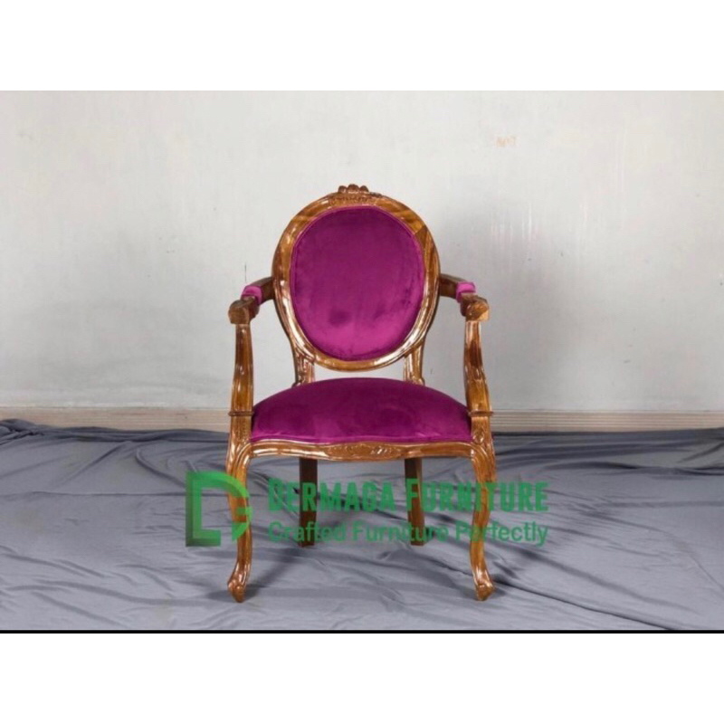 KURSI CAMEO KAYU JATI SANDRAN DUDUKAN JOK SIAP PAKAI KAIN BLUDRU UNGU KURSI TAMU KURSI MURAH DEKORAS