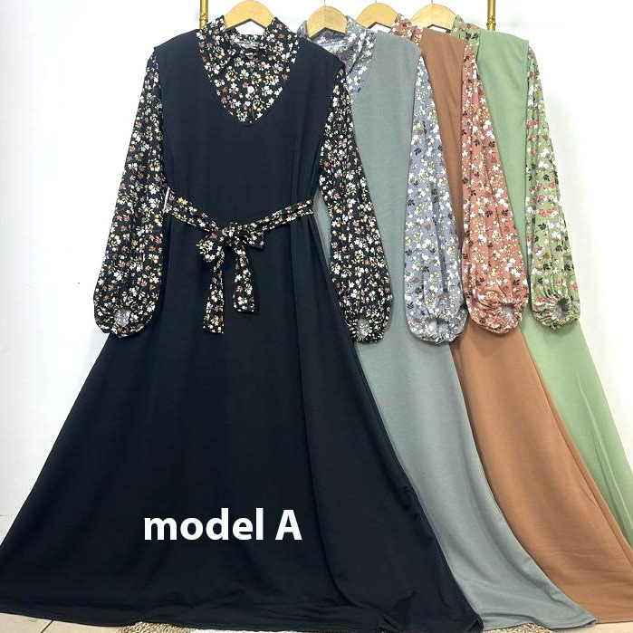 Gamis oversize V neck + inner kerah kemeja motif bunga (kancing aktif) tali pinggang bahan voxy merk