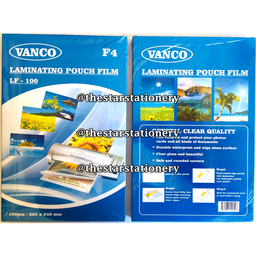 

(1 Pak Isi 100 Lembar) GROSIR Plastik Mika Laminating Film Vanco LF-100 Ukuran F4 225 mm x 340 mm