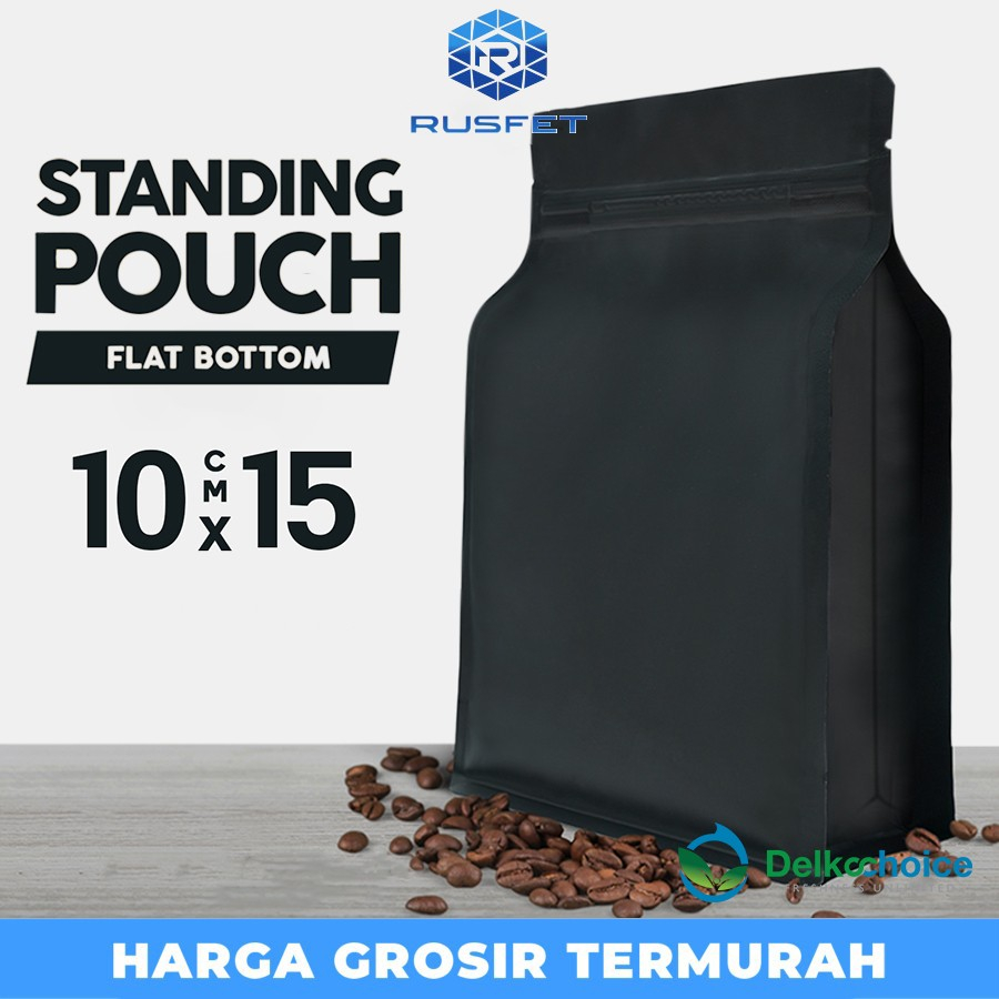 STANDING POUCH ZIPLOCK HITAM METALIZE FLAT BOTTOM DELKOCHOICE 10X15