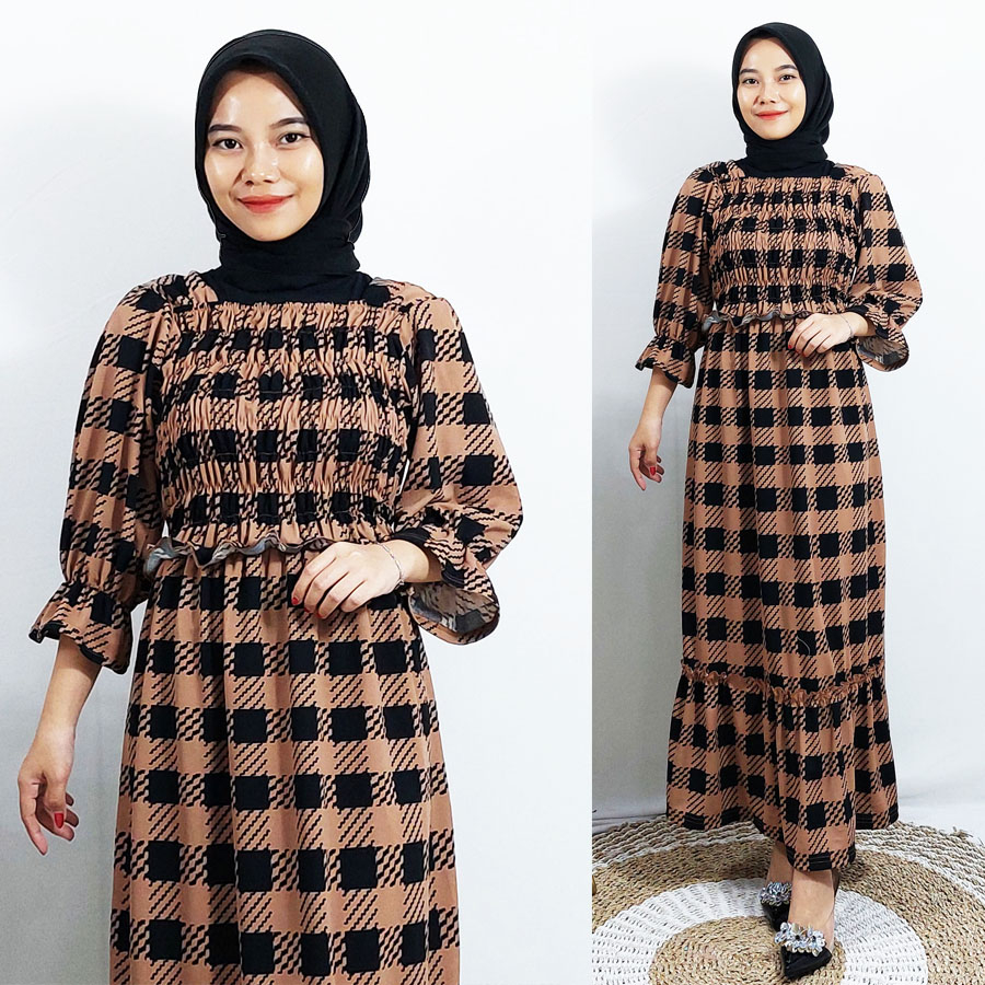 CARLINA DRESS KOTAK NIRMALA AYANA KARET KERUT WANITA SYARI MAXI