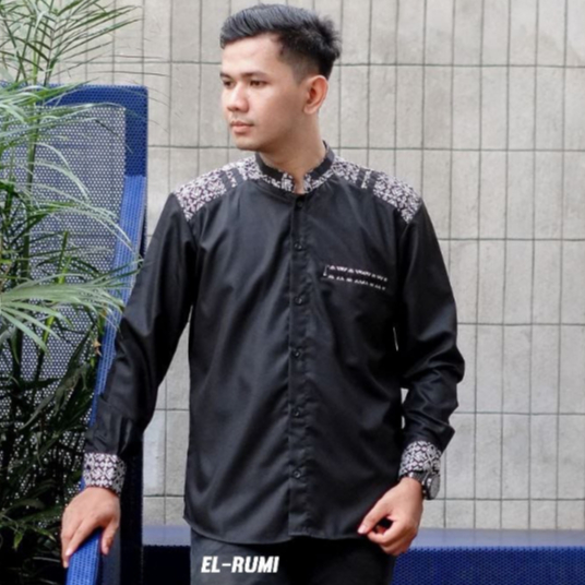 Terbaru Baju Koko Pria Lengan Panjang Original ELRUMI Motif Kombinasi ADIDAS Black Panther