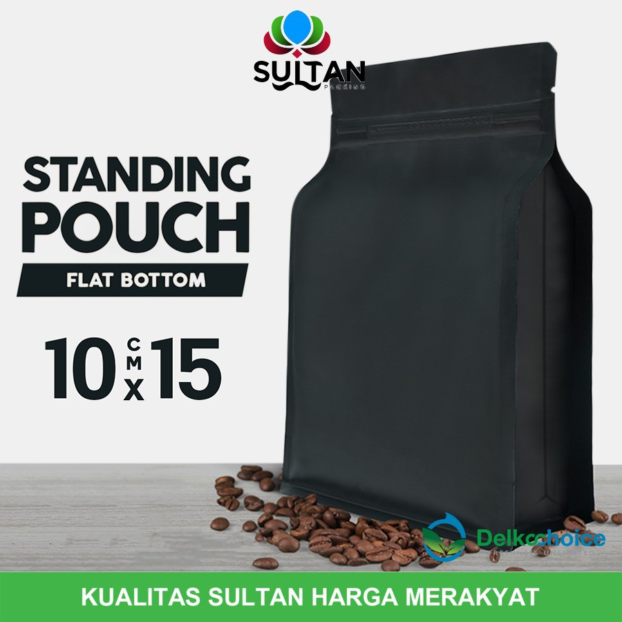 STANDING POUCH ZIPLOCK HITAM METALIZE FLAT BOTTOM 10X15 DELKOCHOICE
