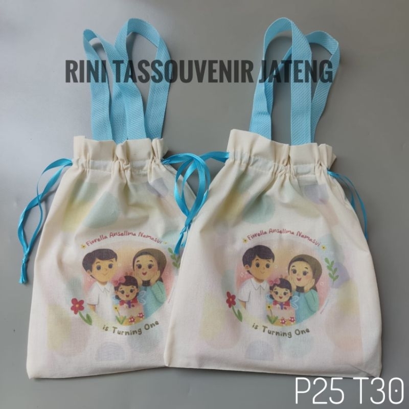 Tas Blacu Ultah Sablon laser Serut Pita Tali Bisban Tas Ulang Tahun Blacu Murah
