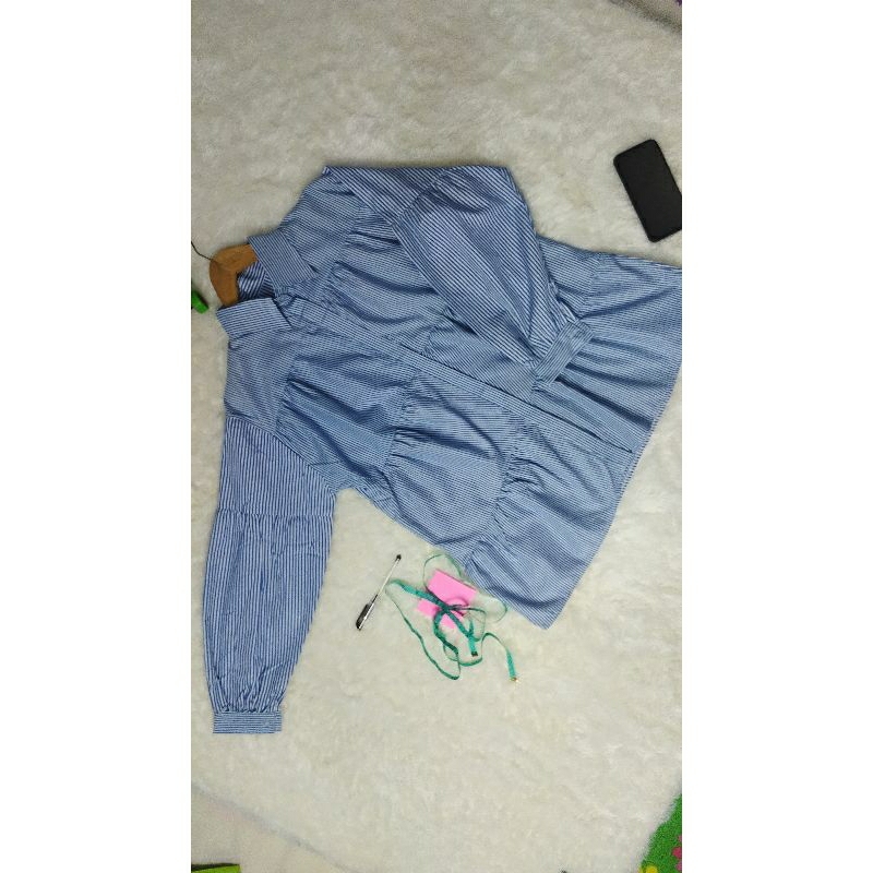 Kemeja Salur Wanita Atasan wanita Blues wanita Bahan Katun Zara Jumbo